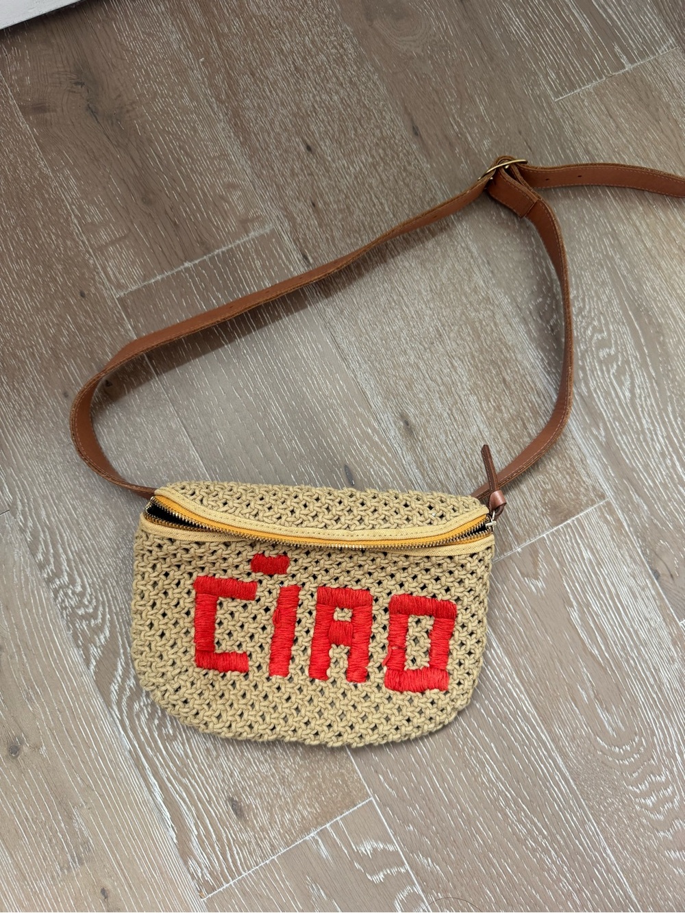 Crochet Crossbody Bag in Tan with Red 'CIAO' Accent